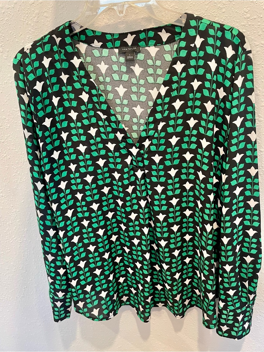 Ann Taylor Black Top with Green & White Floral Motif
